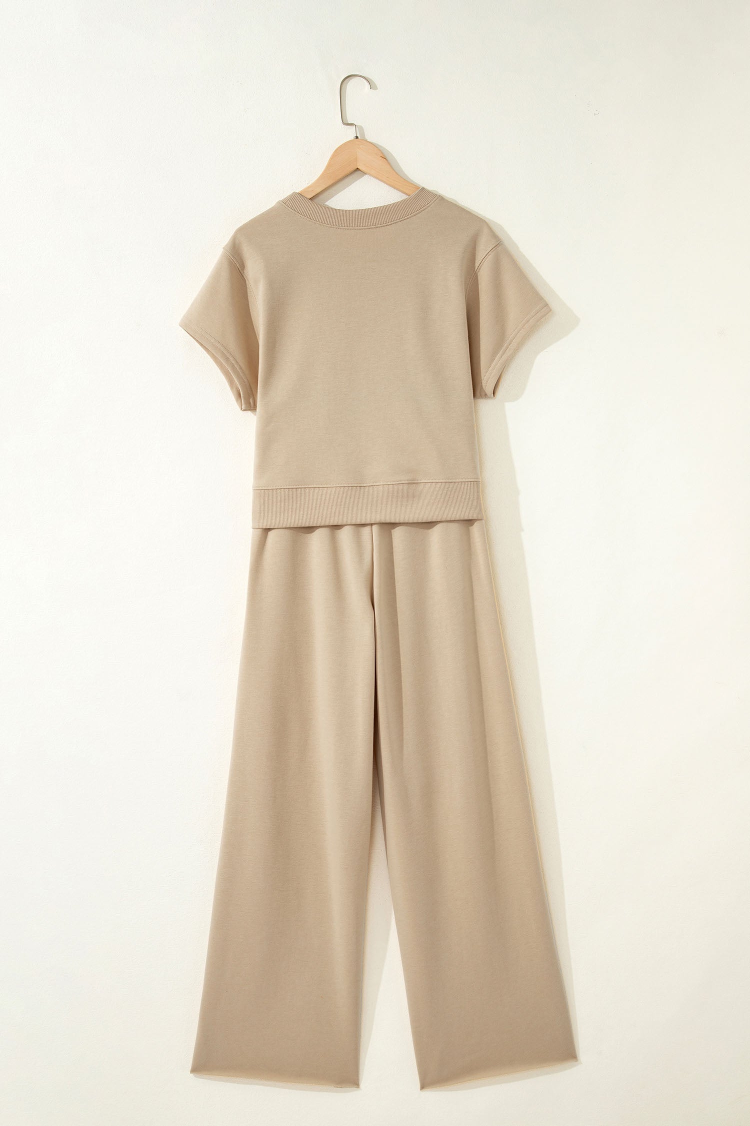Parchment Solid Color Loose Tee Drawstring Wide Leg Pants 2pcs Outfit