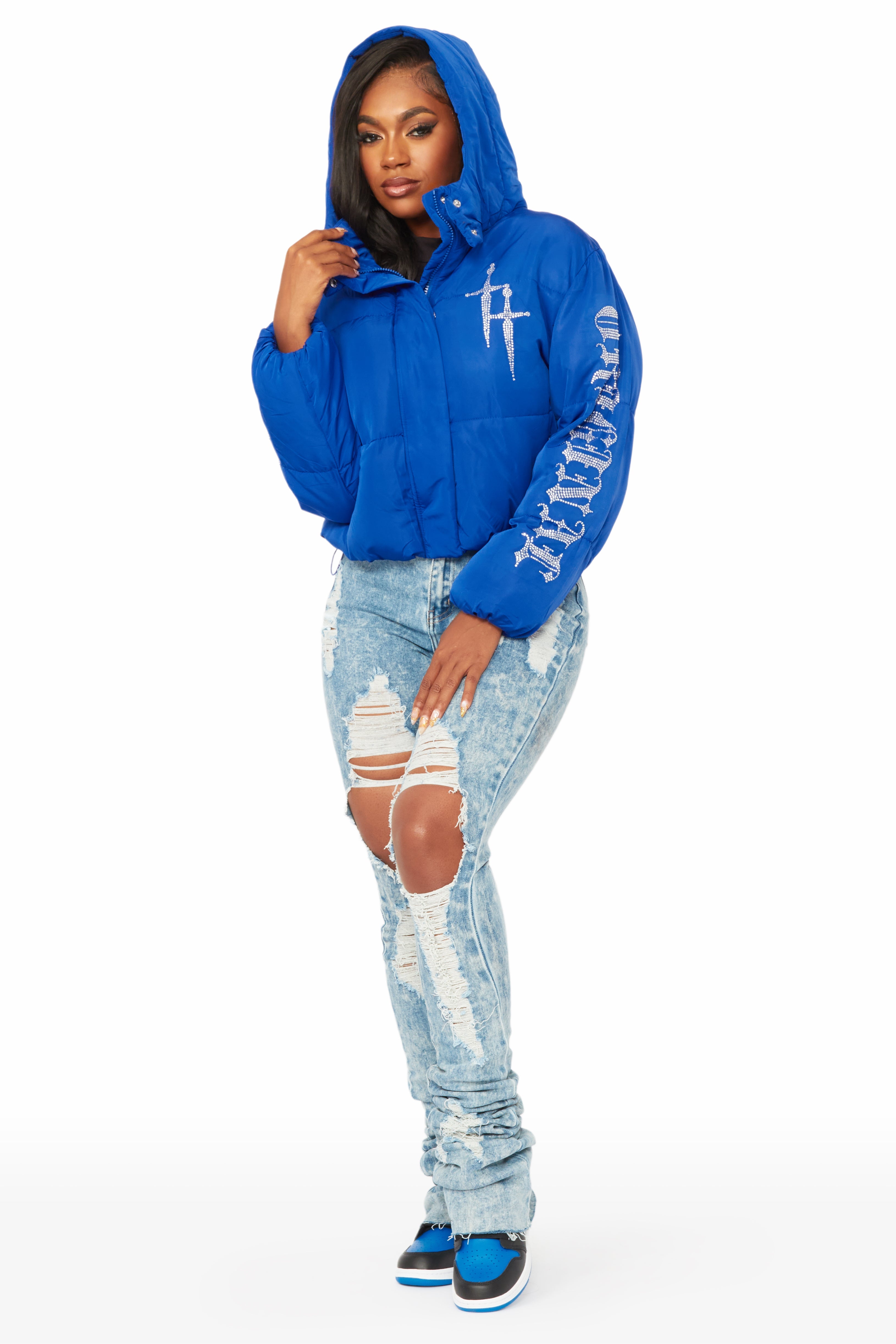 Kalisha Royal Blue Rhinestone Puffer Jacket