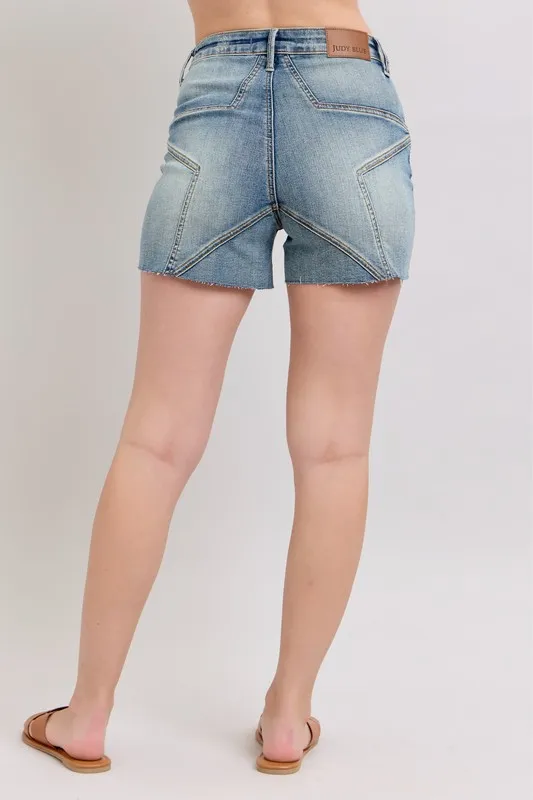 High Waist Star Seam Detail Denim Shorts