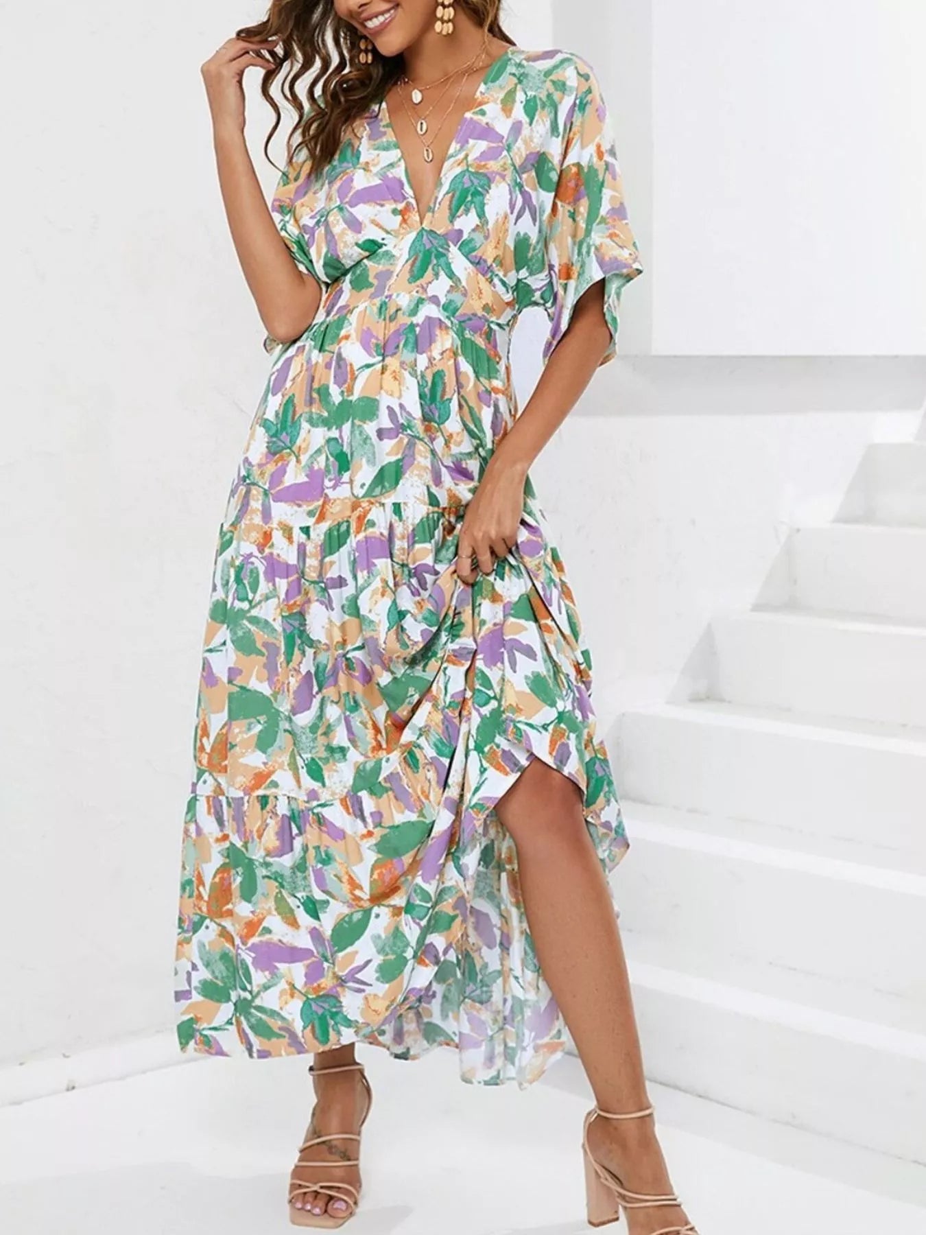 Printed V-Neck Ruffle Hem Flowy Midi Dress