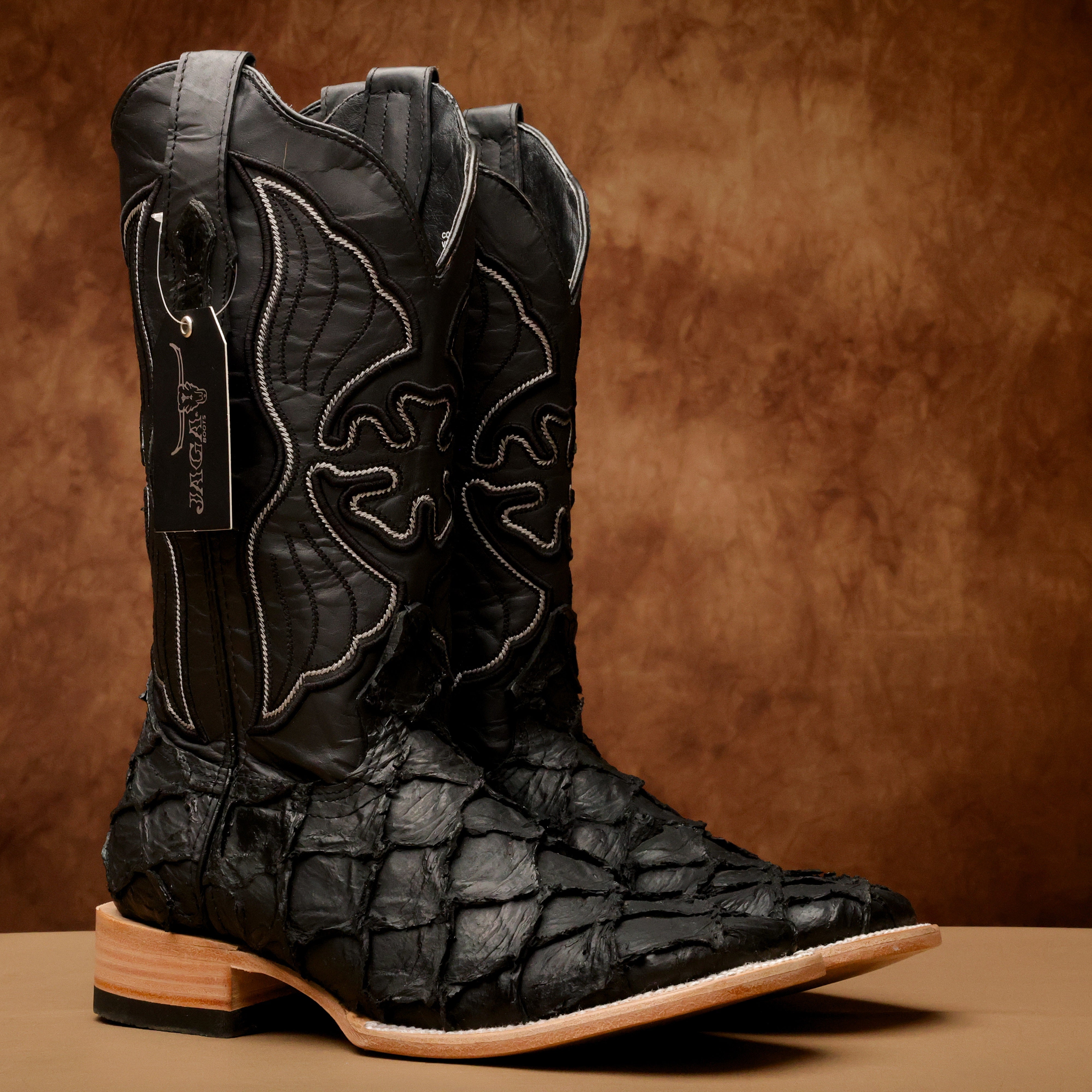 Matte Black Jumbo Pirarucu Leather Boots - Square Toe