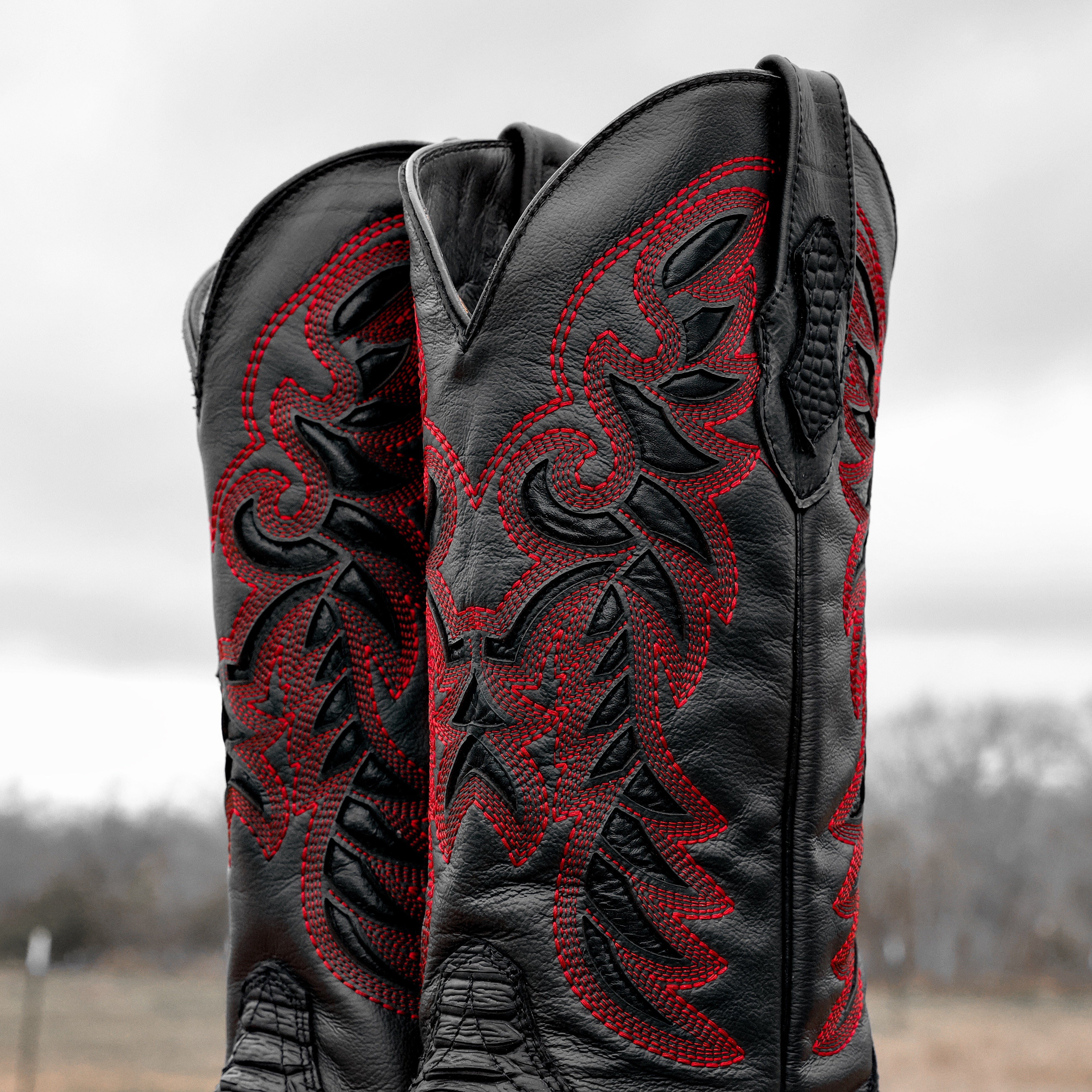 Matte Black Python Leather Boots - Square Toe