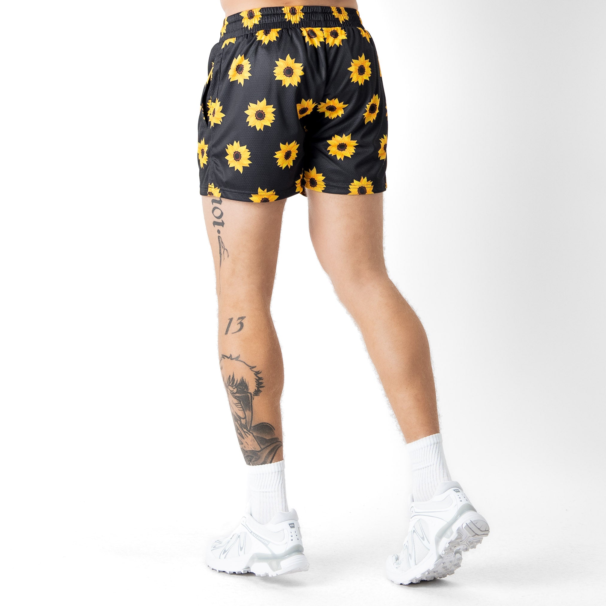 MUAY THAI SHORTS (MID THIGH CUT) SUNFLOWER - BLACK