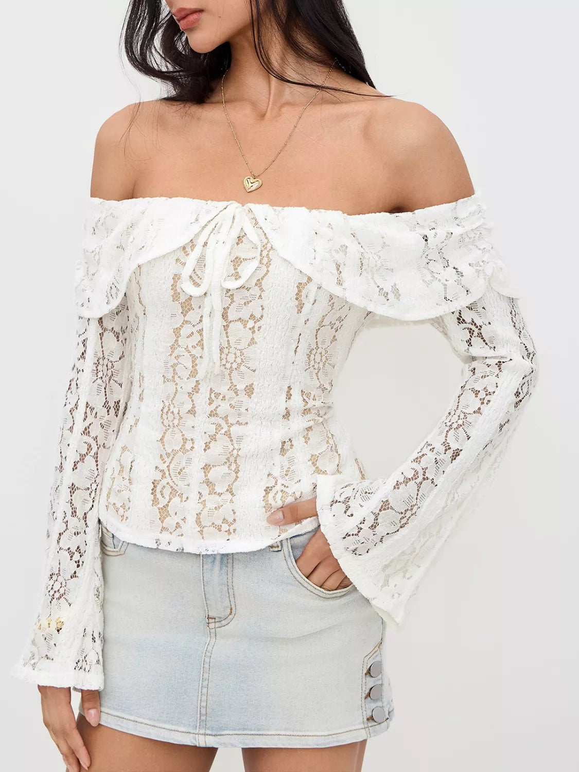 Off-Shoulder Lace Top with Bell Sleeves