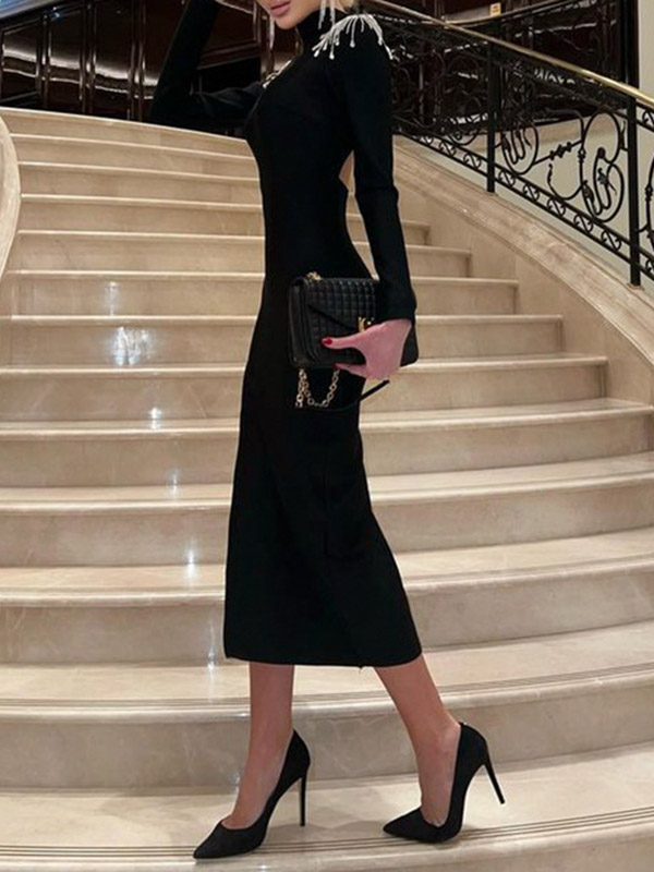 Back Cross Split-side Tasseled Long Sleeves Skinny High Neck Midi Dresses Maxi Dresses Evening Dresses