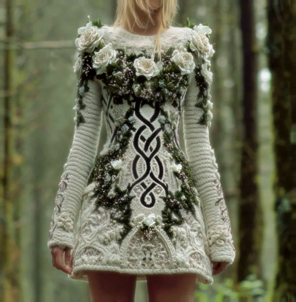 Women's Viking Celtic Knot With Rose And Moss Art Cozy Knit Mini Sweater Dress