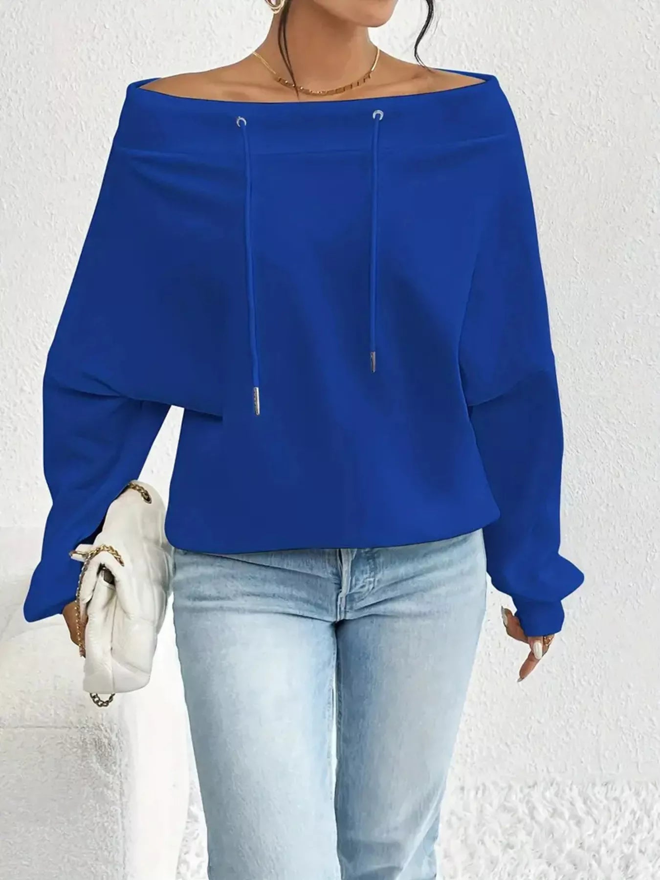 Full Size Off-Shoulder Drawstring Long Sleeve Top Plus Size