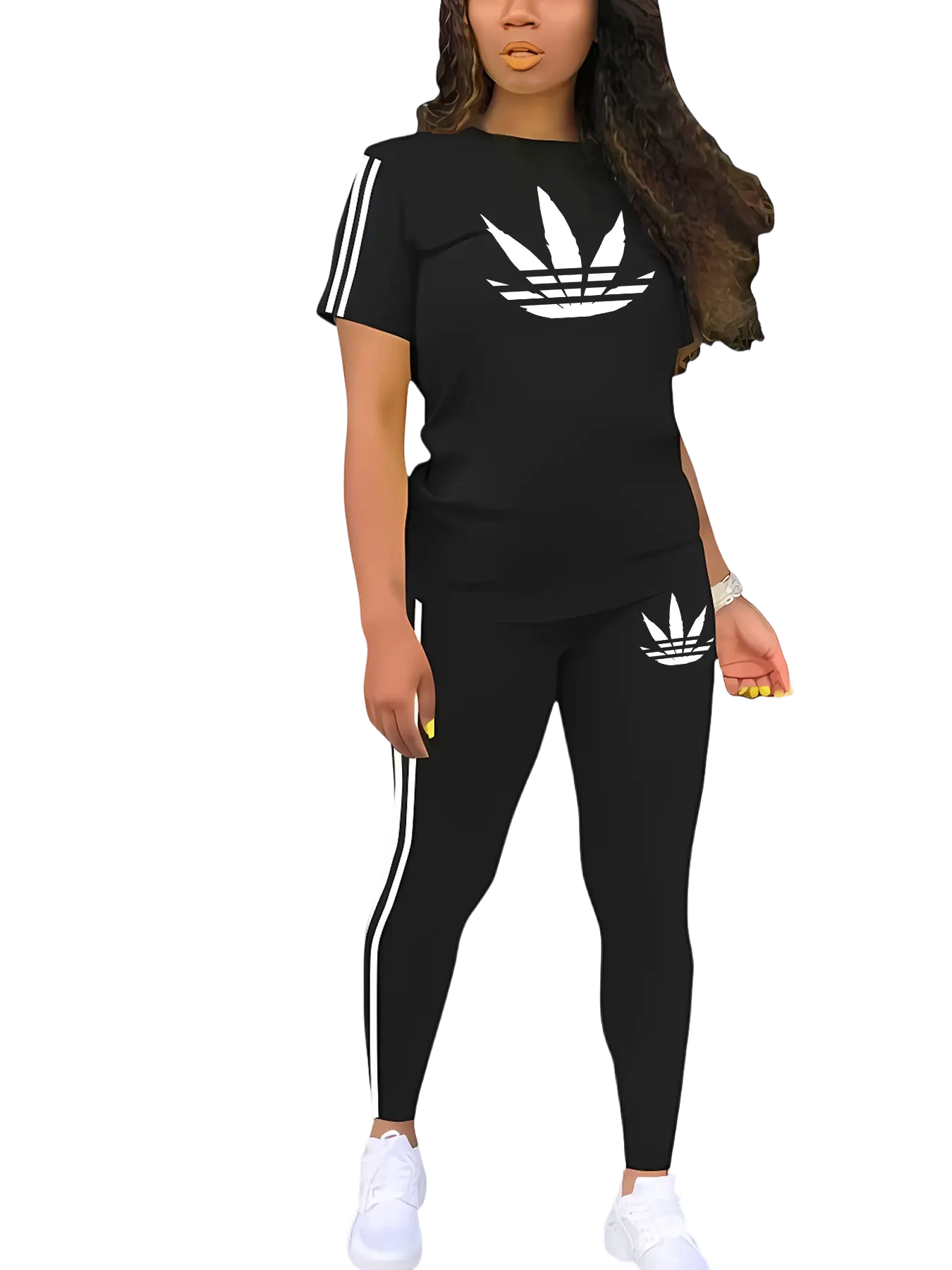 Women's Printed Casual Sporty Round Neck Drawstring Short Sleeve and Long Pants Two-Piece Set