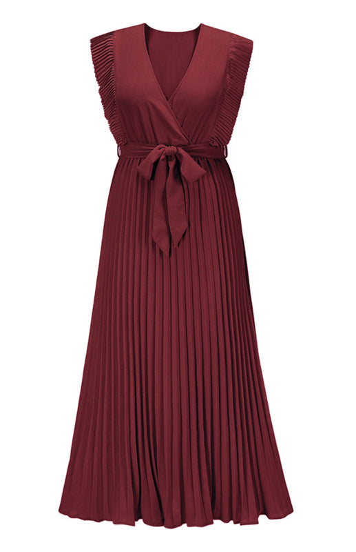 Beach Lotus Leaf Sleeve Chiffon Pleated Skirt Solid Color Dress