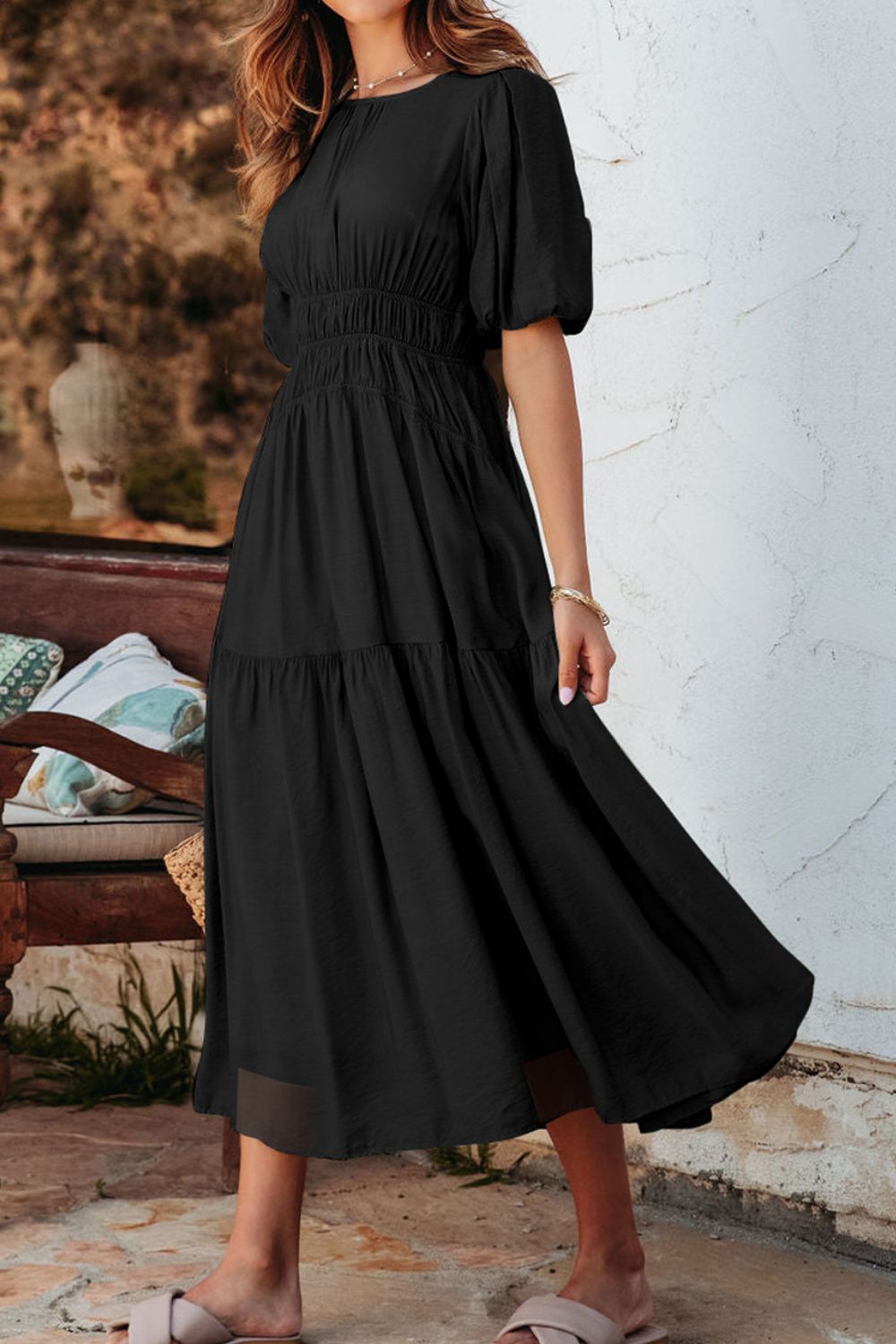 Puff Sleeve Pleated High Waist Flowy Midi Dress