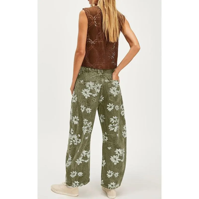Women's Simple Floral Jeans Y2K Loose Wide-Leg Jeans Boyfriend Style Printed Stitching Jeans