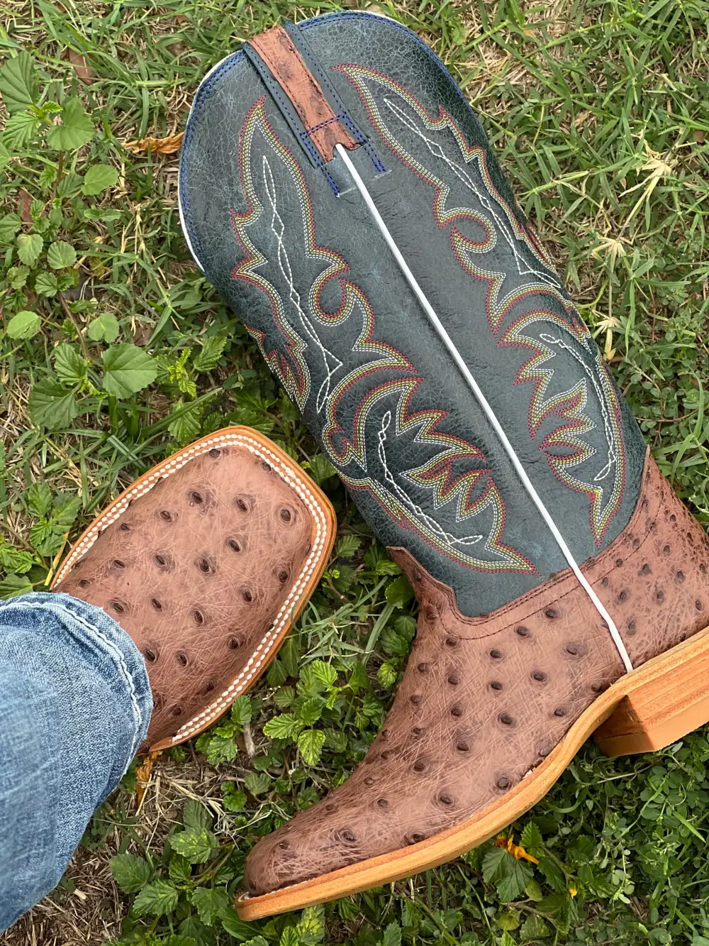 Men’s Brown Genuine Ostrich Boots With Blue Shaft