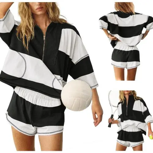 Women Striped Workout Set Two Piece Outfit Tracksuit Oversized Lounge Set