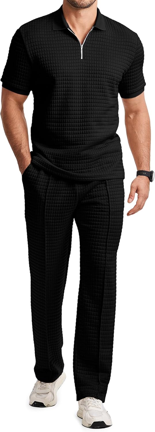 Mens Summer 2 Piece Outfits Short Sets Beach Waffle 1/4 Zip Polo Shirts Casual Loose Pant Loungewear