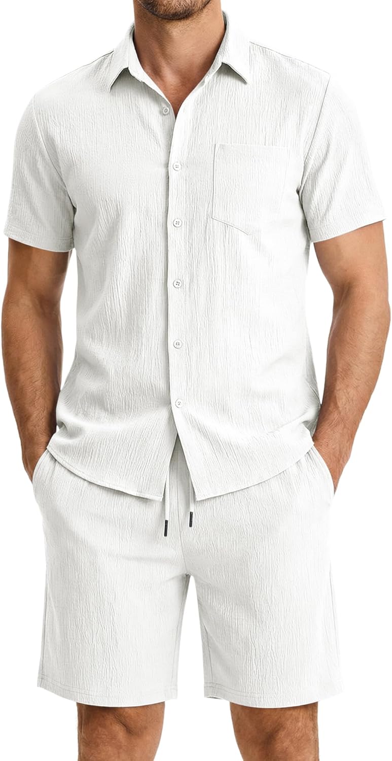 Mens 2 Piece Short Sets Short Sleeve Shirts and Shorts Summer Beach Vacation Texture Outfits