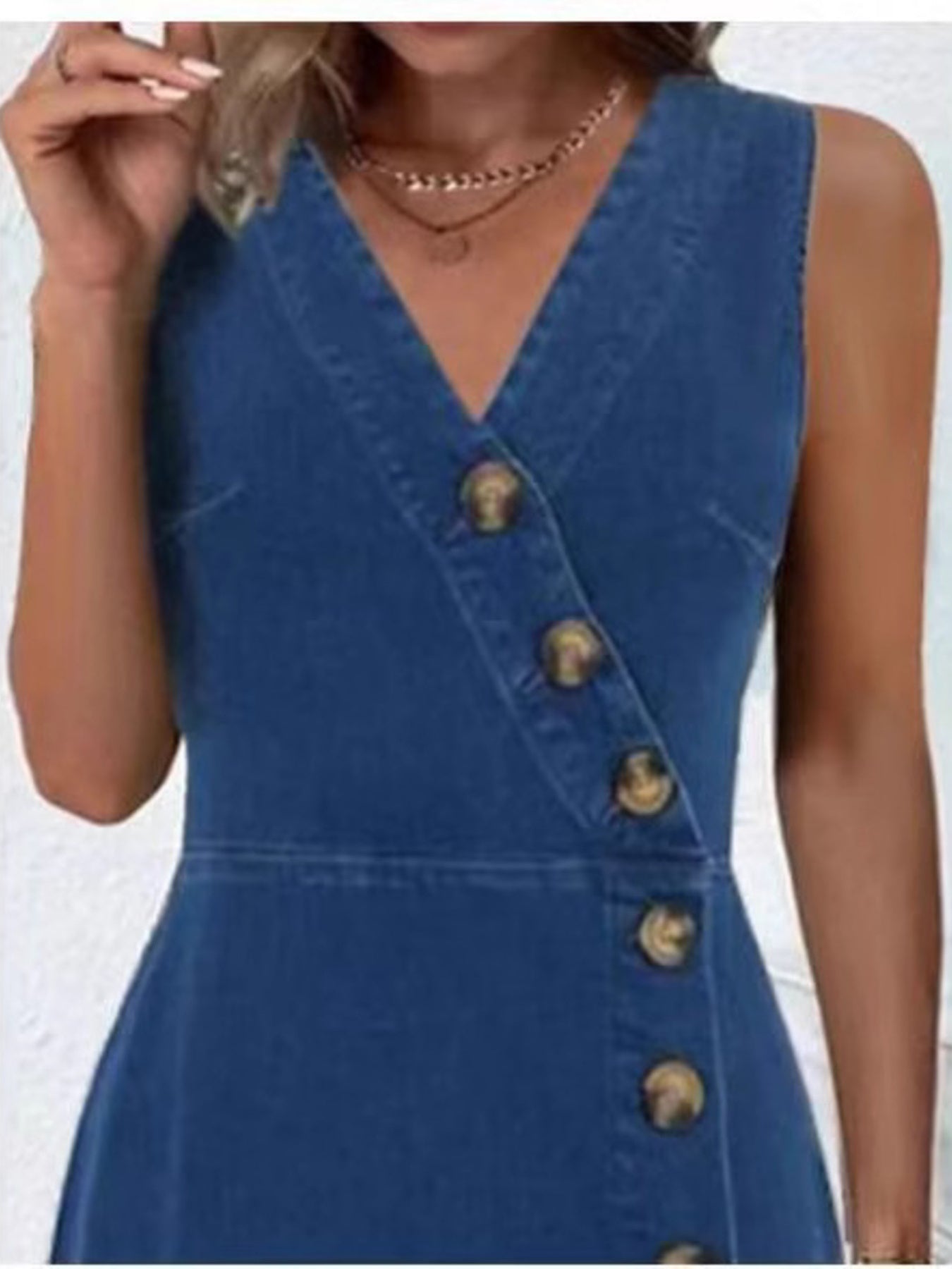 Button-Front Sleeveless Denim Dress