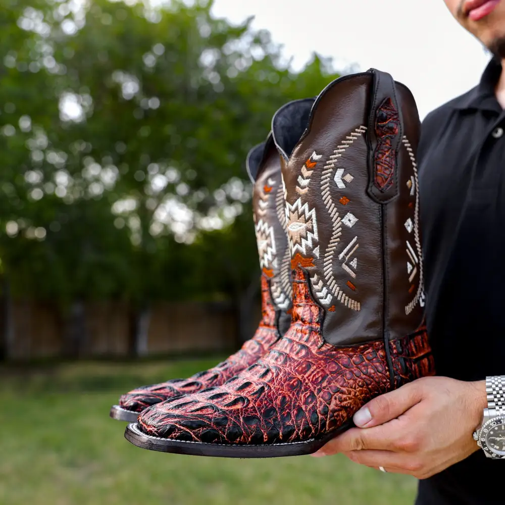 Cognac Caiman Neck Leather Boots - Square Toe