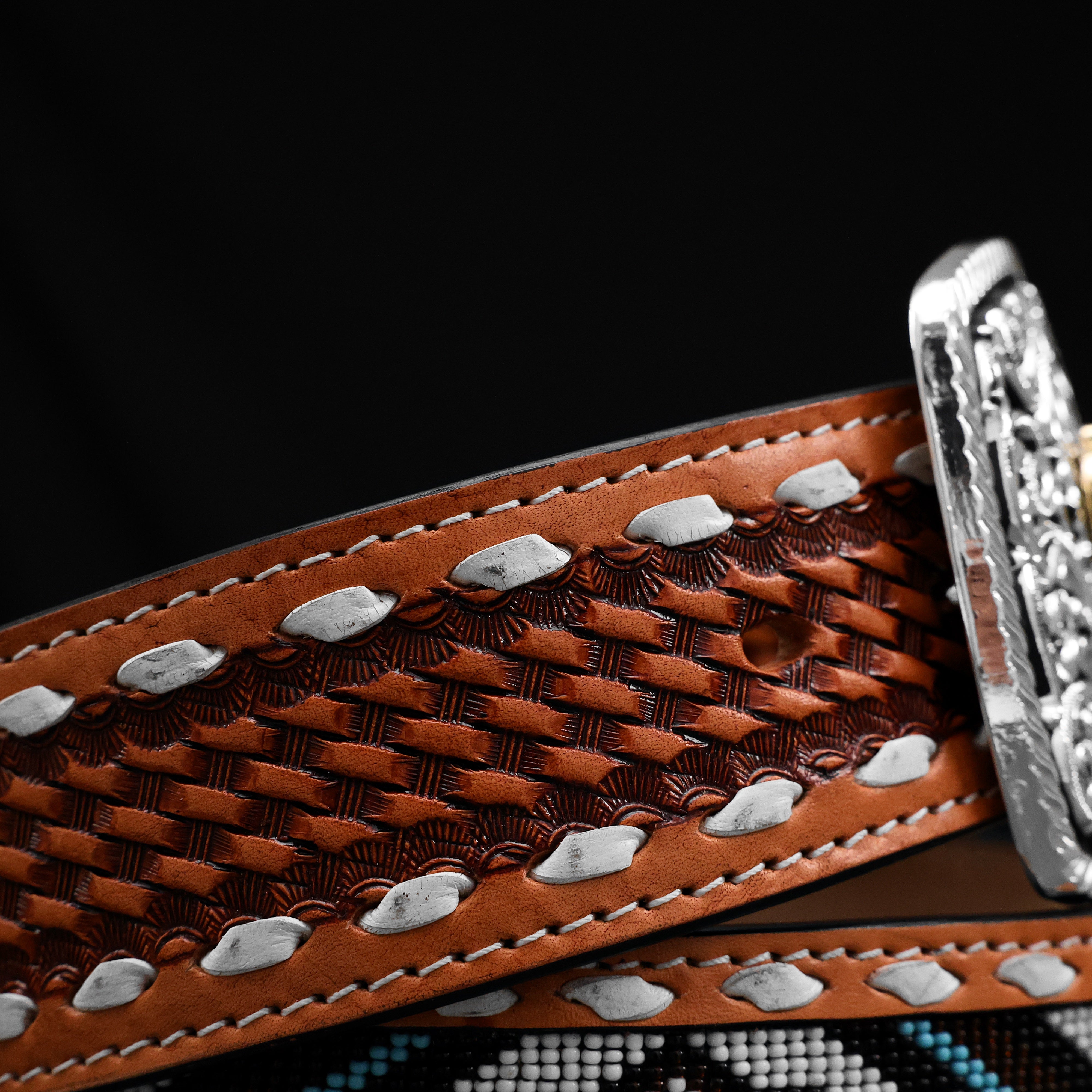 2 Inch Hand-Tooled Artesanal Beaded Leather Belt