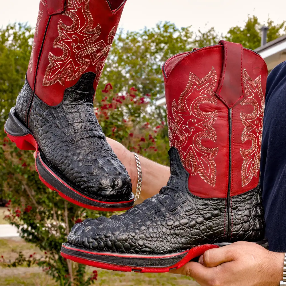 Black Caiman Neck Leather Boots With 3D Lightweight Sole - Composite Toe