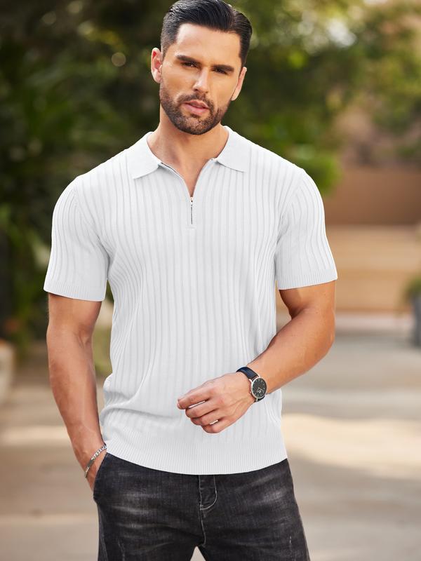 Men's Zipper Polo Shirts Short Sleeve Ribbed Knit Polo T Shirts Fashion Casual Golf Shirts