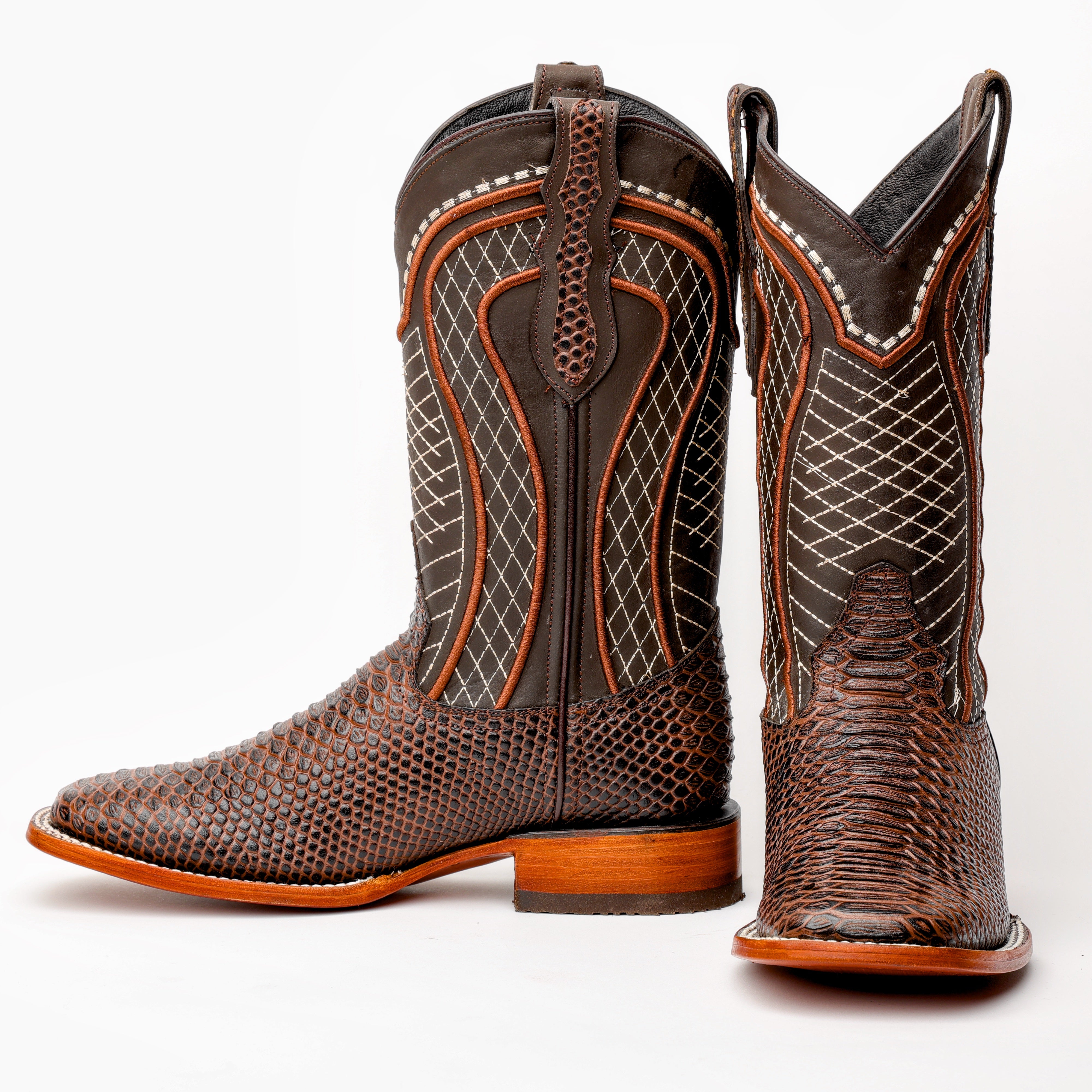 Chocolate Brown Python Leather Boots -Square Toe