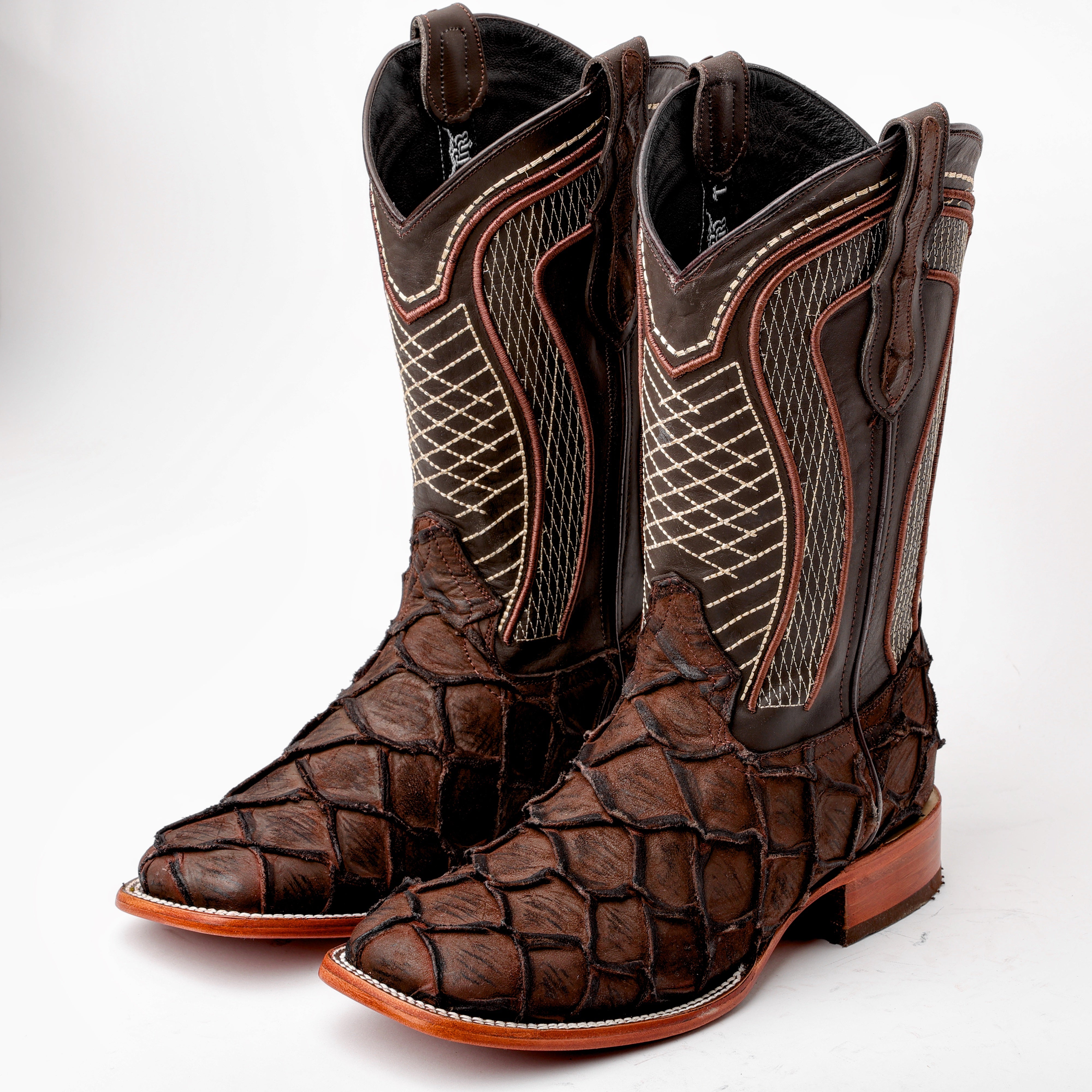 Matte Chocolate Pirarucu Leather Boots - Square Toe