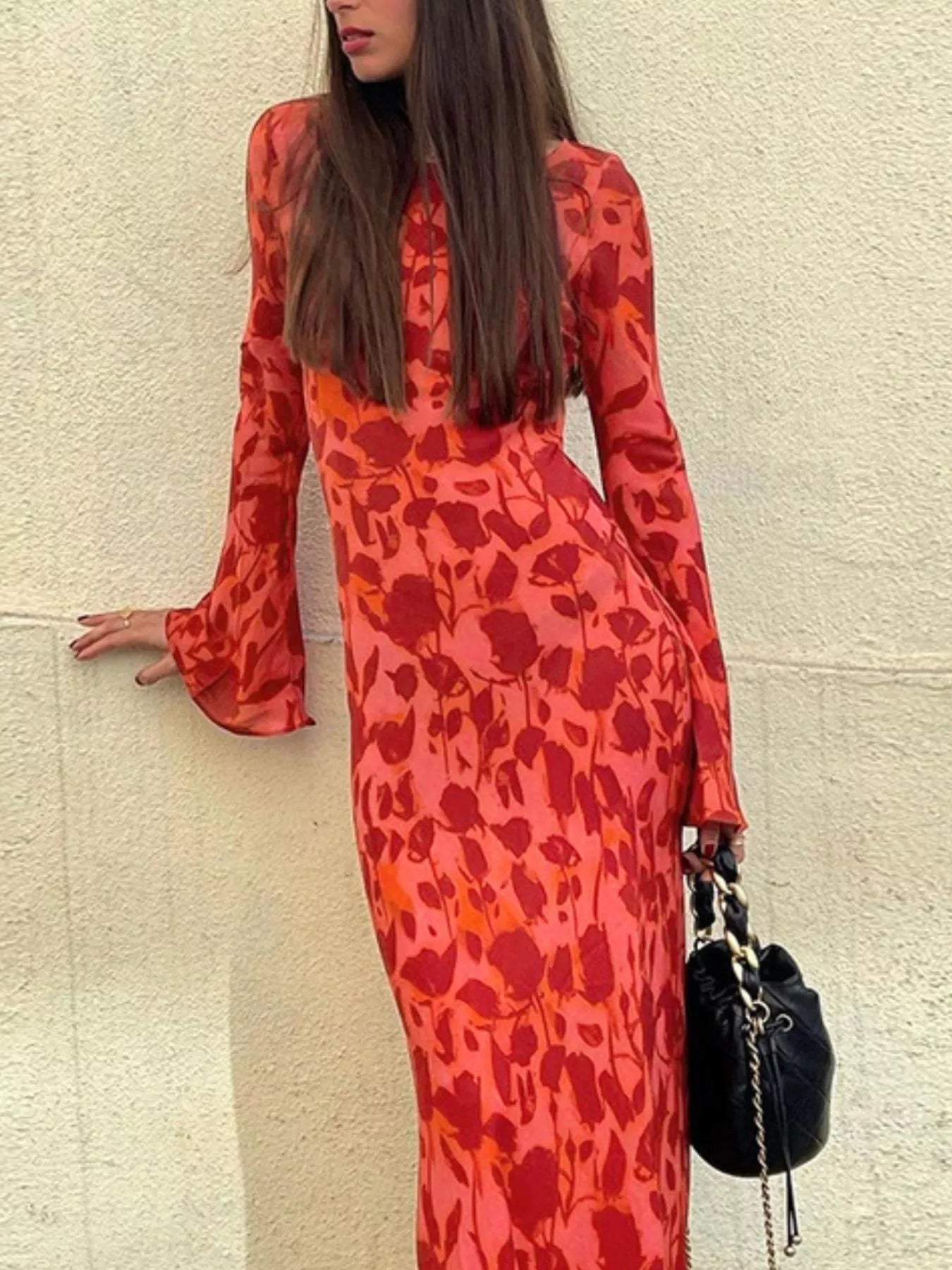 Floral Print Fare Sleeve Maxi Dress