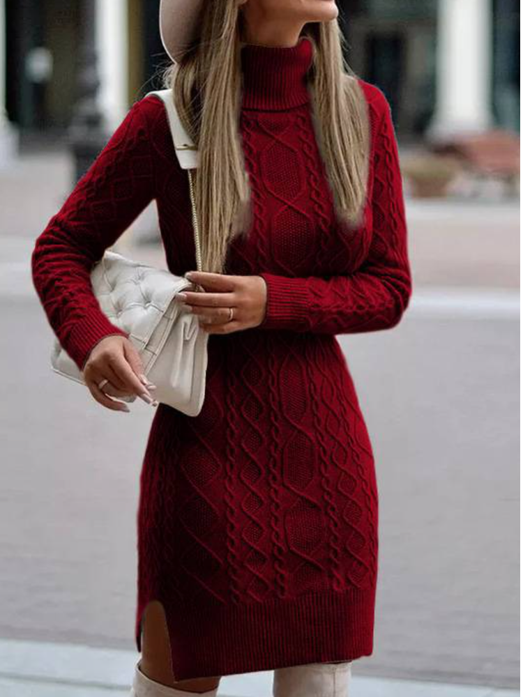 （ In stock）Women Turtleneck Sweater Solid Color Slit Knitted Sweater Dress