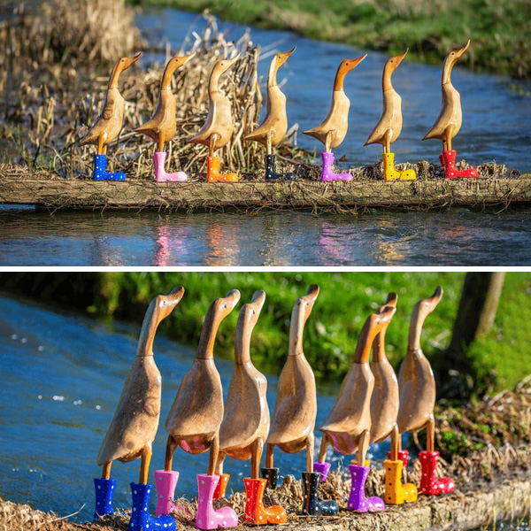 Handmade Carved Wellies Duck Family