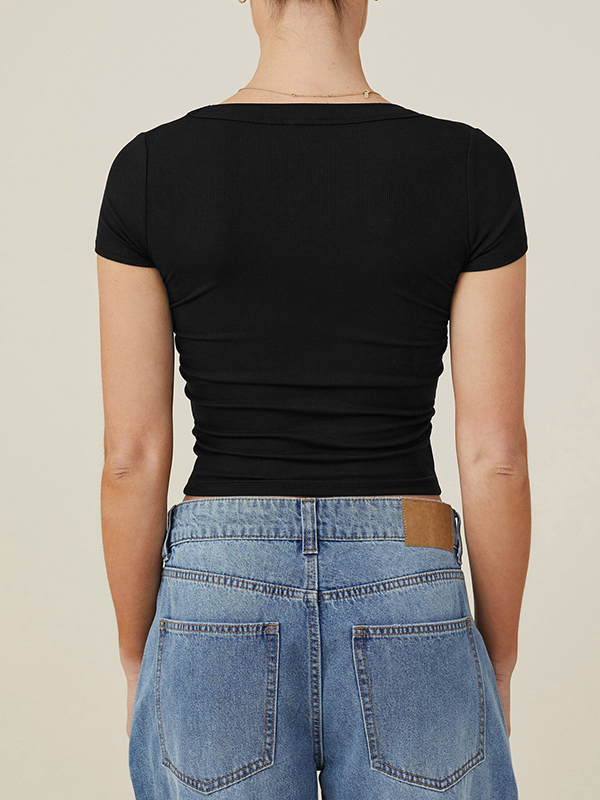 Solid Color Short Sleeves Skinny Square-neck T-Shirts Tops