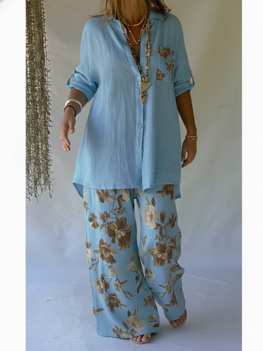 Casual Floral Print Linen And Cotton Shirt And Trousers Two-piece Set