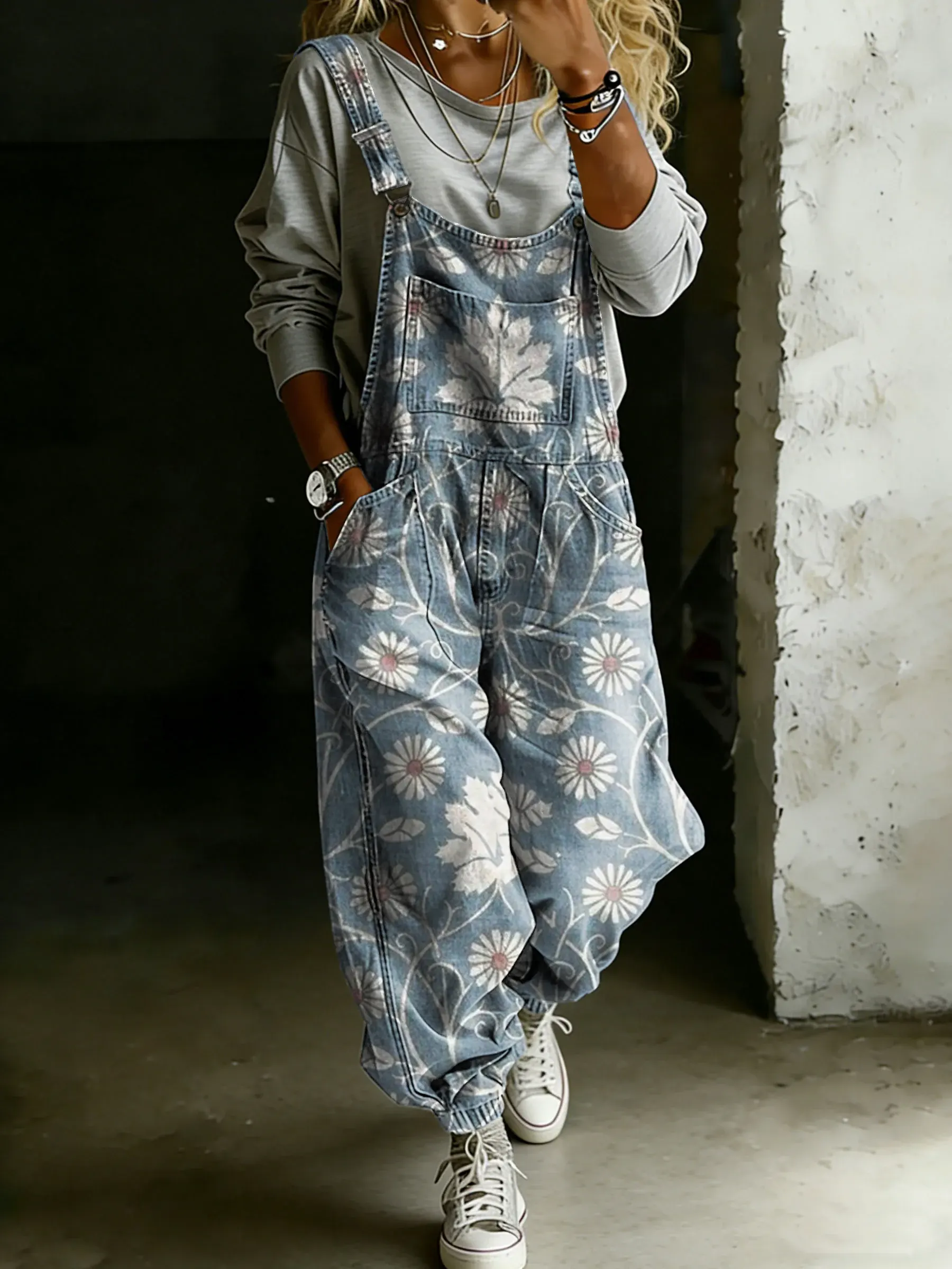 Women’s Vintage Ethnic Floral Art Print Casual One Piece Denim Jumpsuit