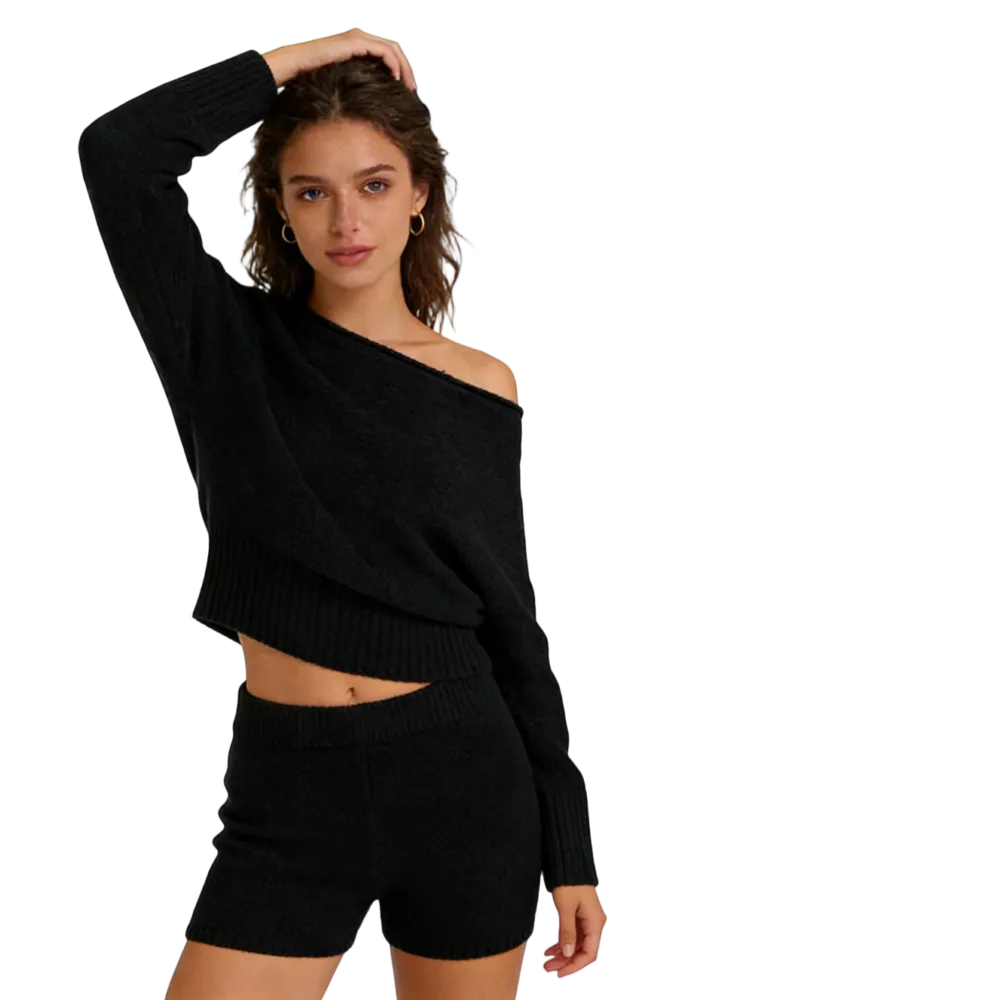 Asymmetrical Neck Long Sleeve Top & Low Rise Shorts Set