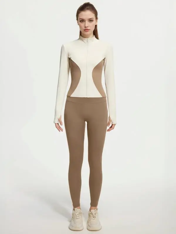 Women's Solid Zip Up Mock Neck Sports Jacket & High Waist Leggings Set