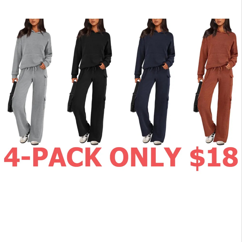 Women's Fall Knitted Hoodie Tracksuits Wide Leg Pants With Pocket Sets