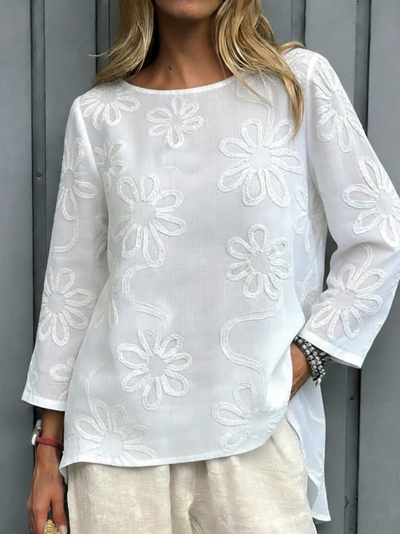 Casual Floral Embroidered 100% Cotton Shirt Top