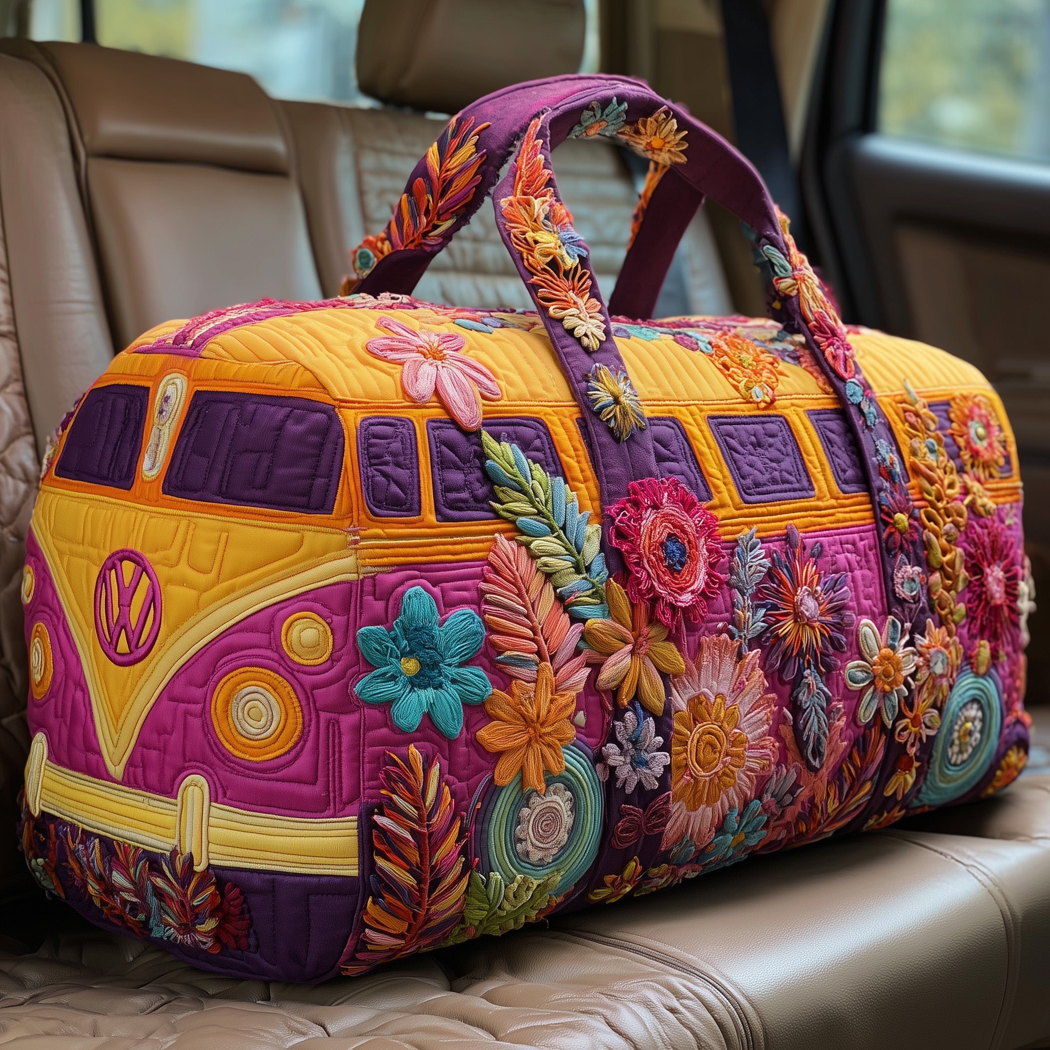 Hippie Van Quilted Duffle Bag – Retro Boho Travel & Weekender Bag