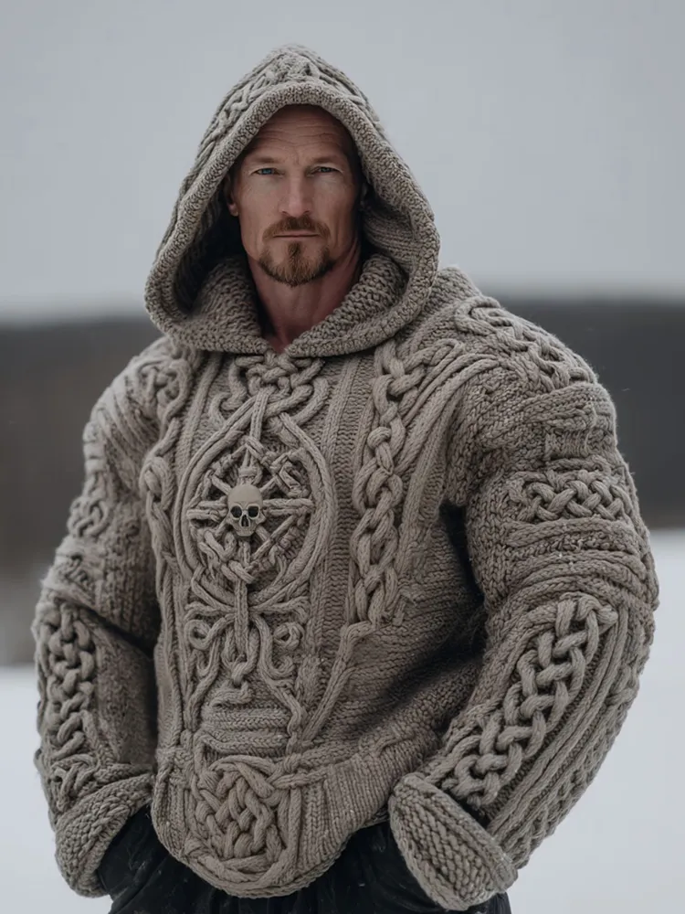 Viking Skull Celtic Knot Knit Cozy Hooded Sweater