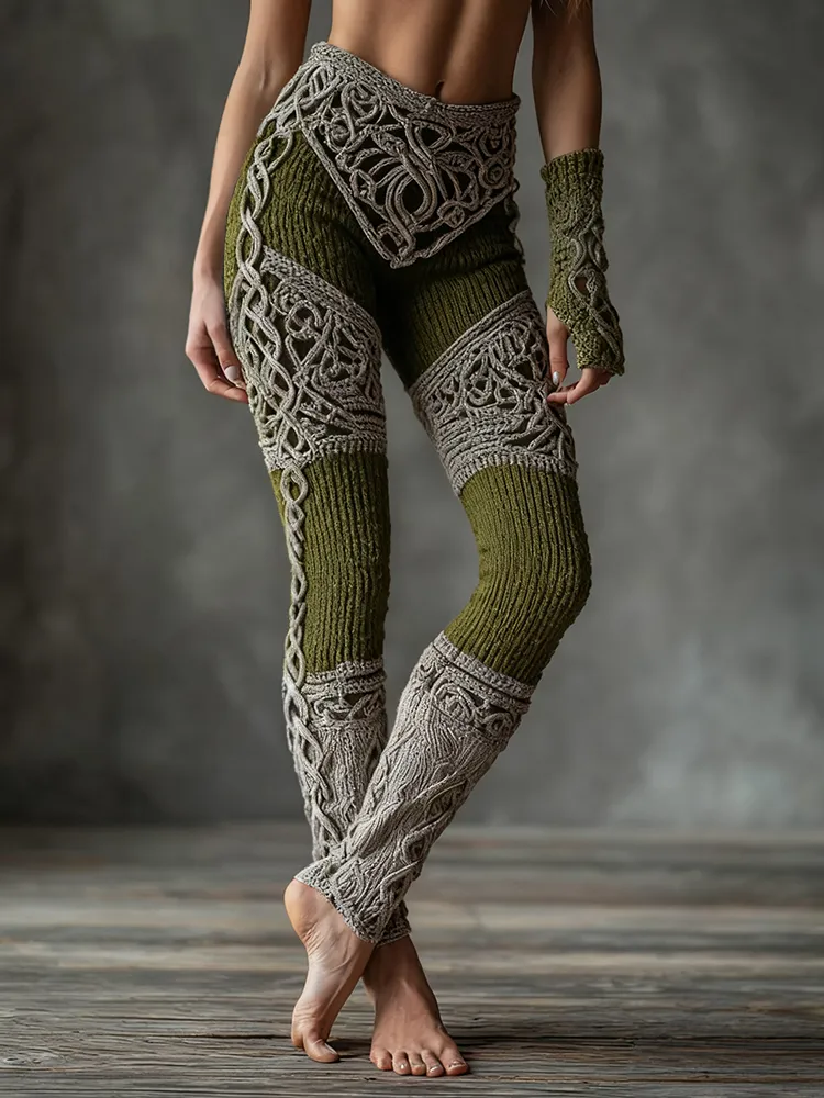 Vintage Viking Celtic Knot Art Knit Jacquard Cozy Leggings