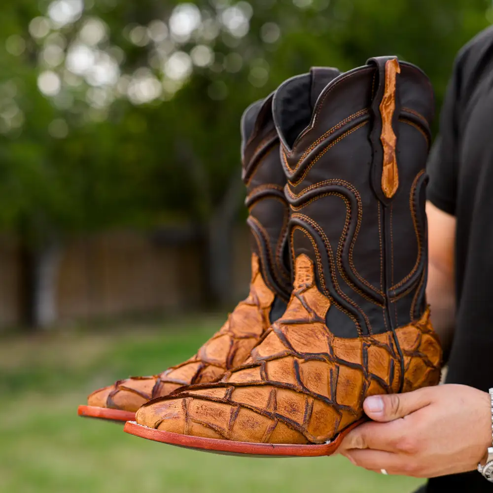 Matte Rustic Honey Pirarucu Leather Boots - Square Toe