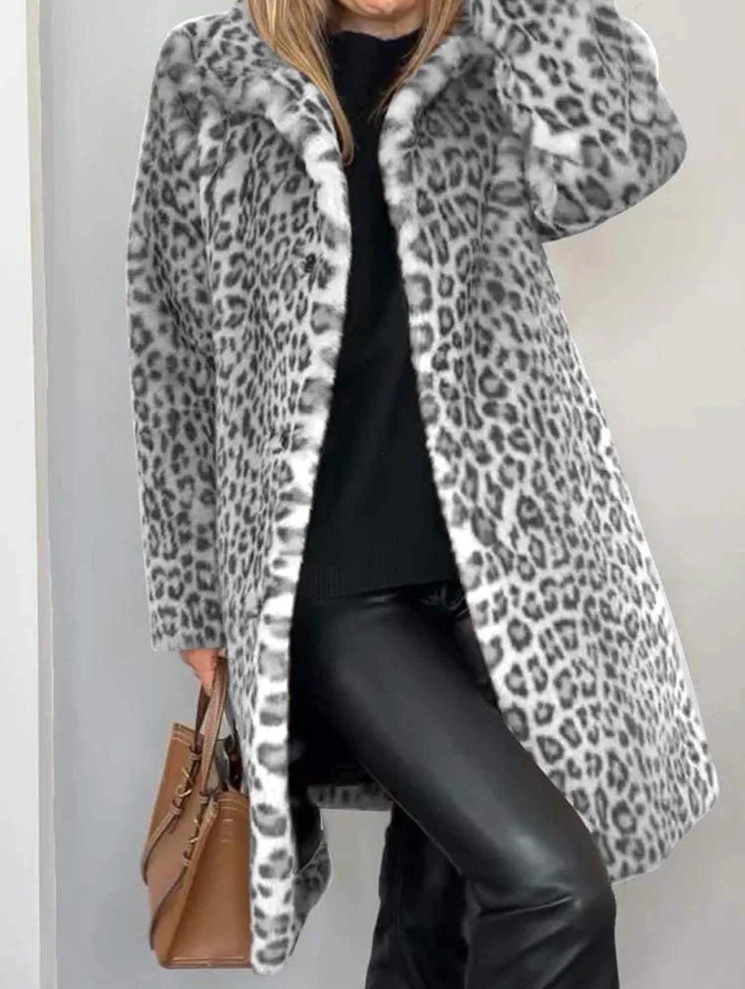 Stylish leopard print plush mid-length coat