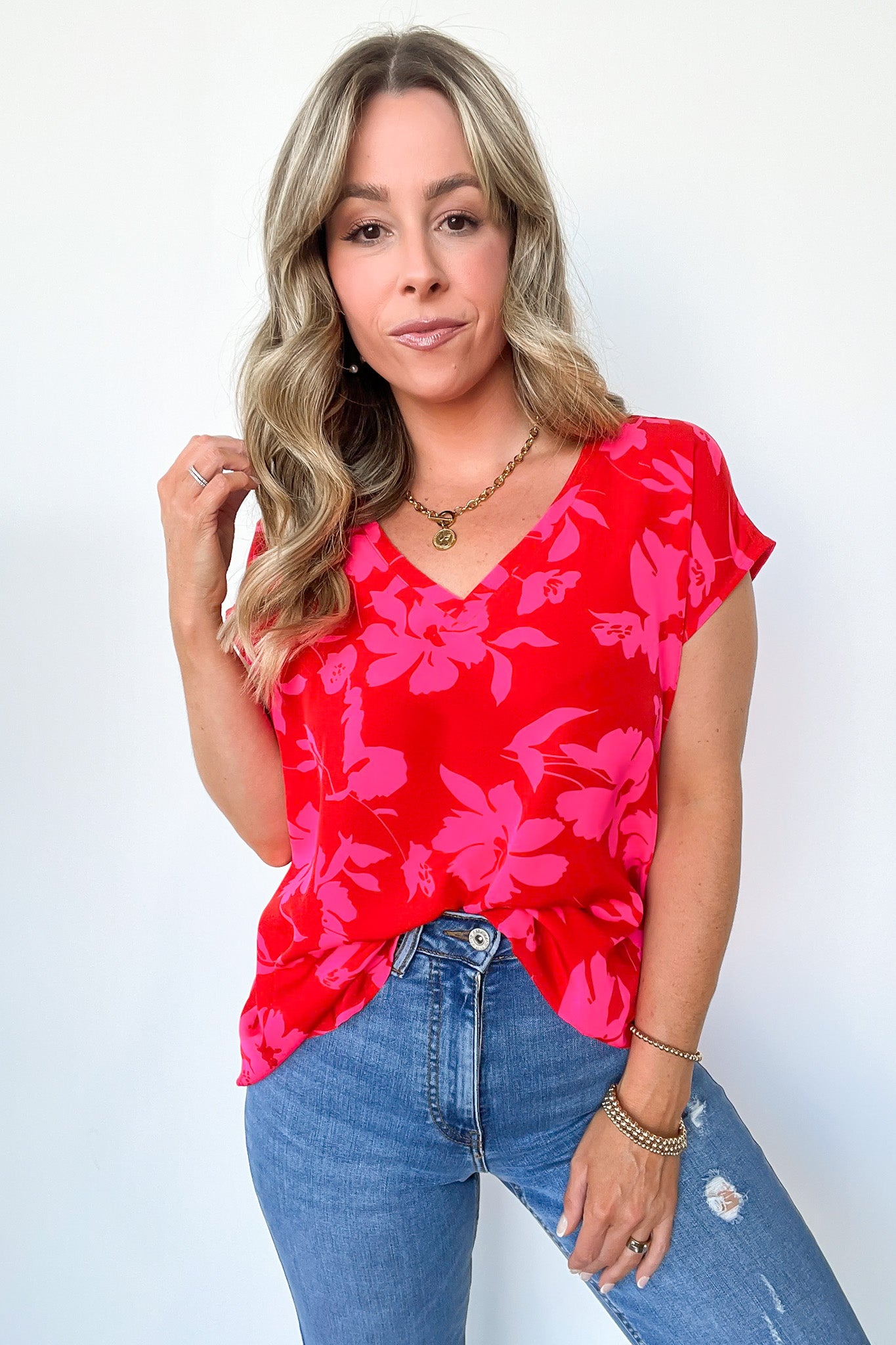 V-Neck Floral Cap Sleeve Top