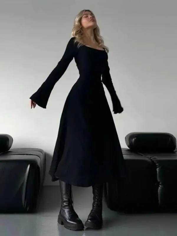 Women's Plain Lace Up Tie Back Flounce Sleeve Dress