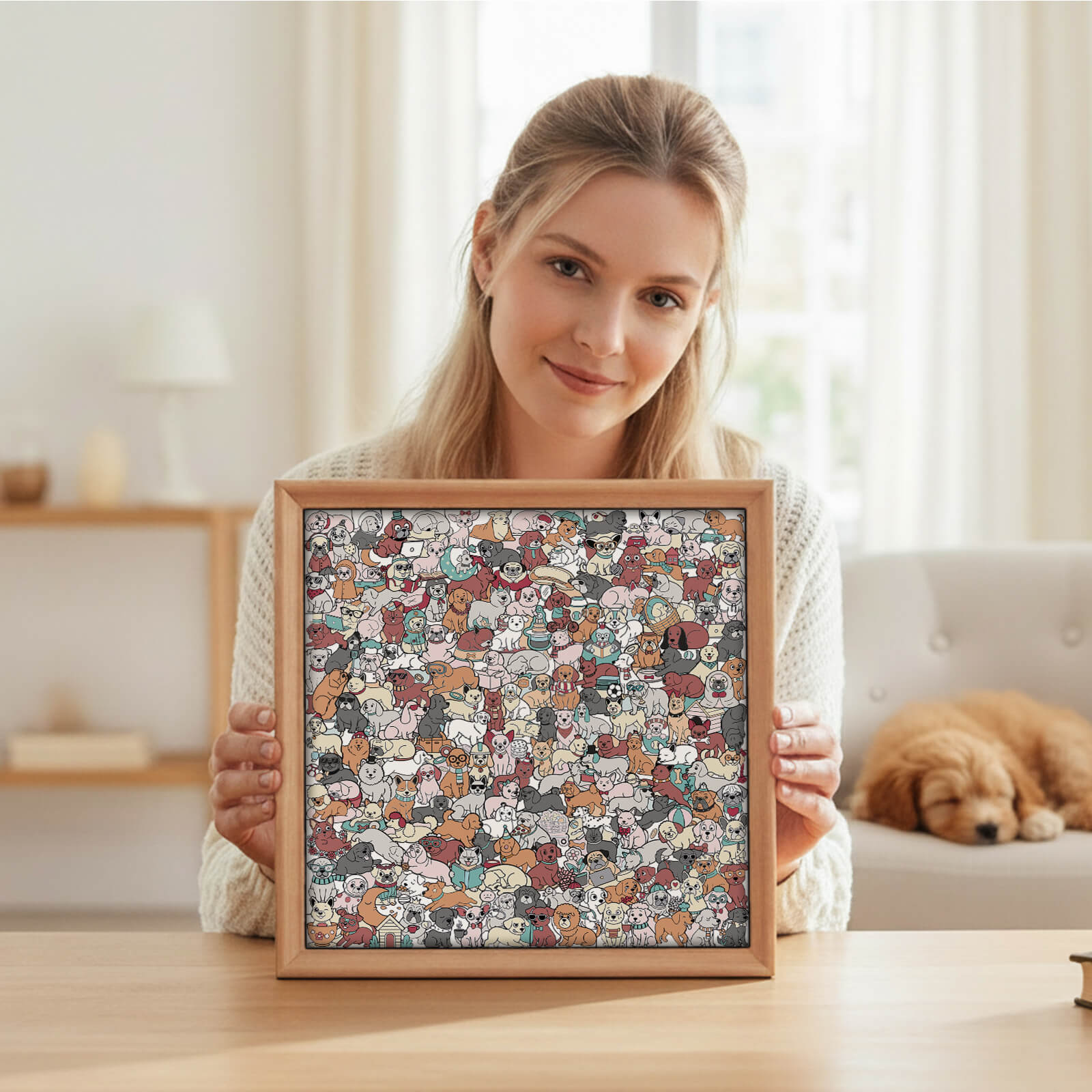 195 Pcs Morandi-Colored Cute Dog Shaped Square Wooden Jigsaw Puzzle