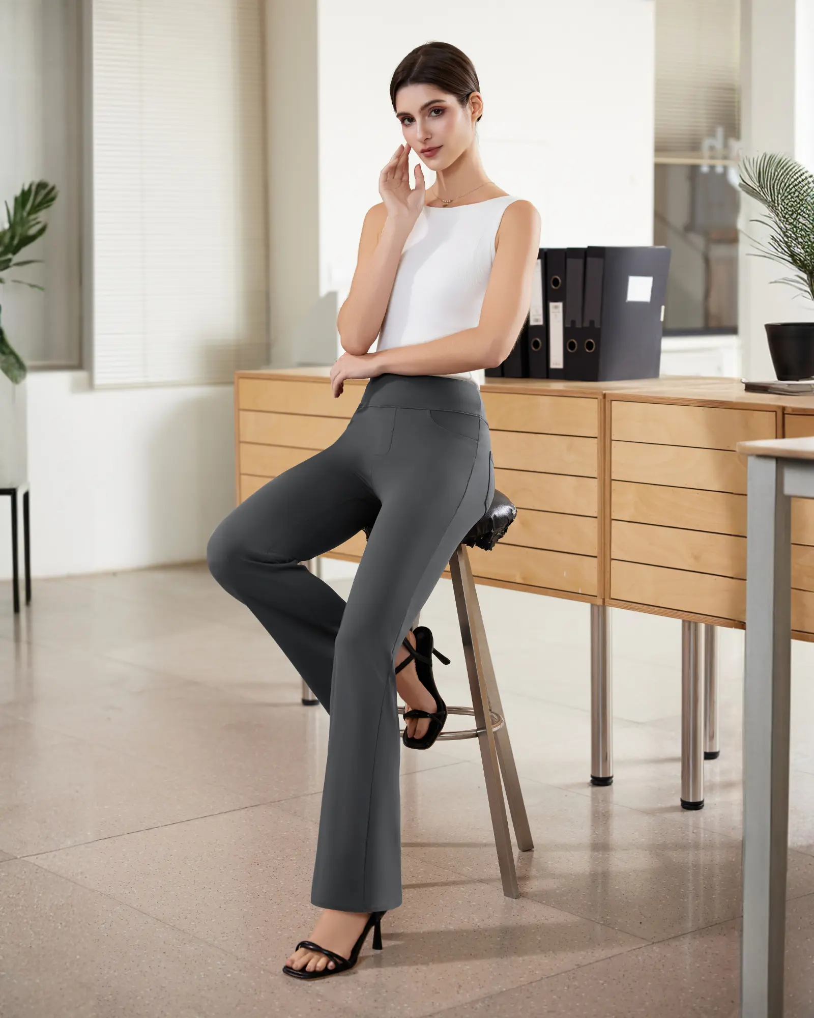 Womens Dress Pants Stretchy Work Pants Business Casual Office Trousers Pull On Flare Slacks