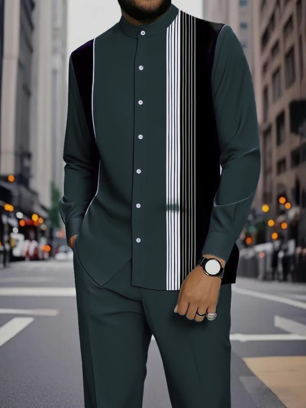 Men’s Black & White Stripe Button-Up Shirt and Drawstring Pants 2-Piece Set