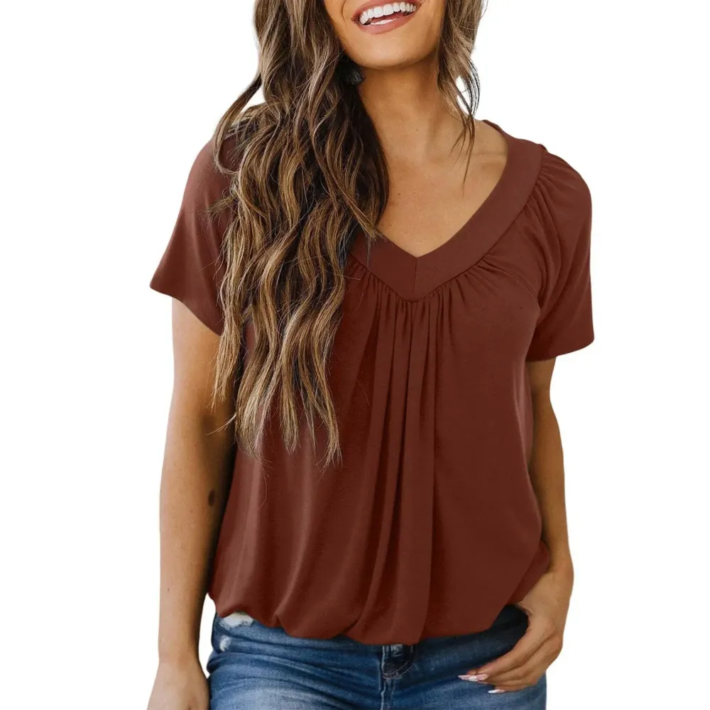 Women’s Loose Fit V-Neck Shirred Summer Top