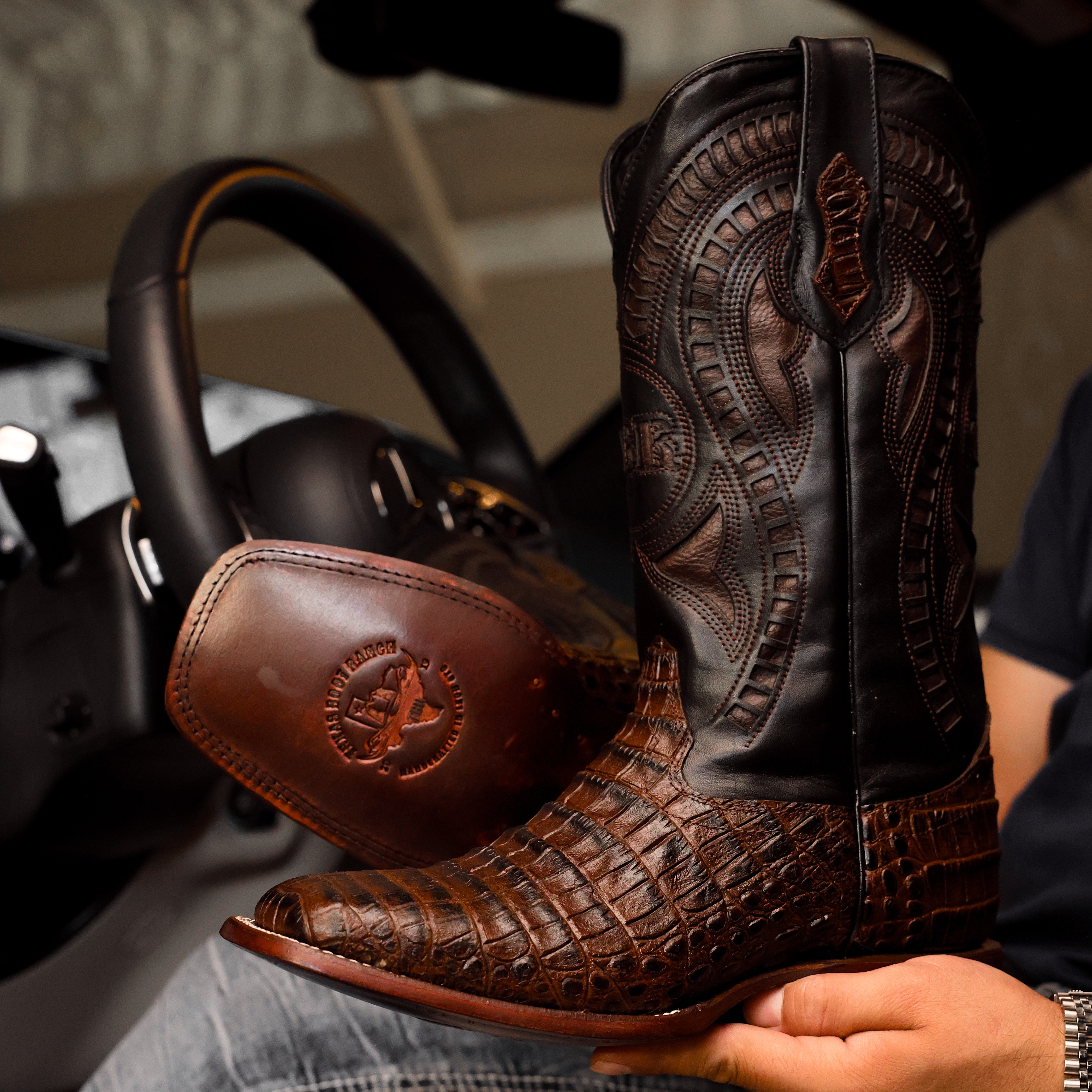 Chocolate Brown Caiman Belly Leather Boots - Square Toe