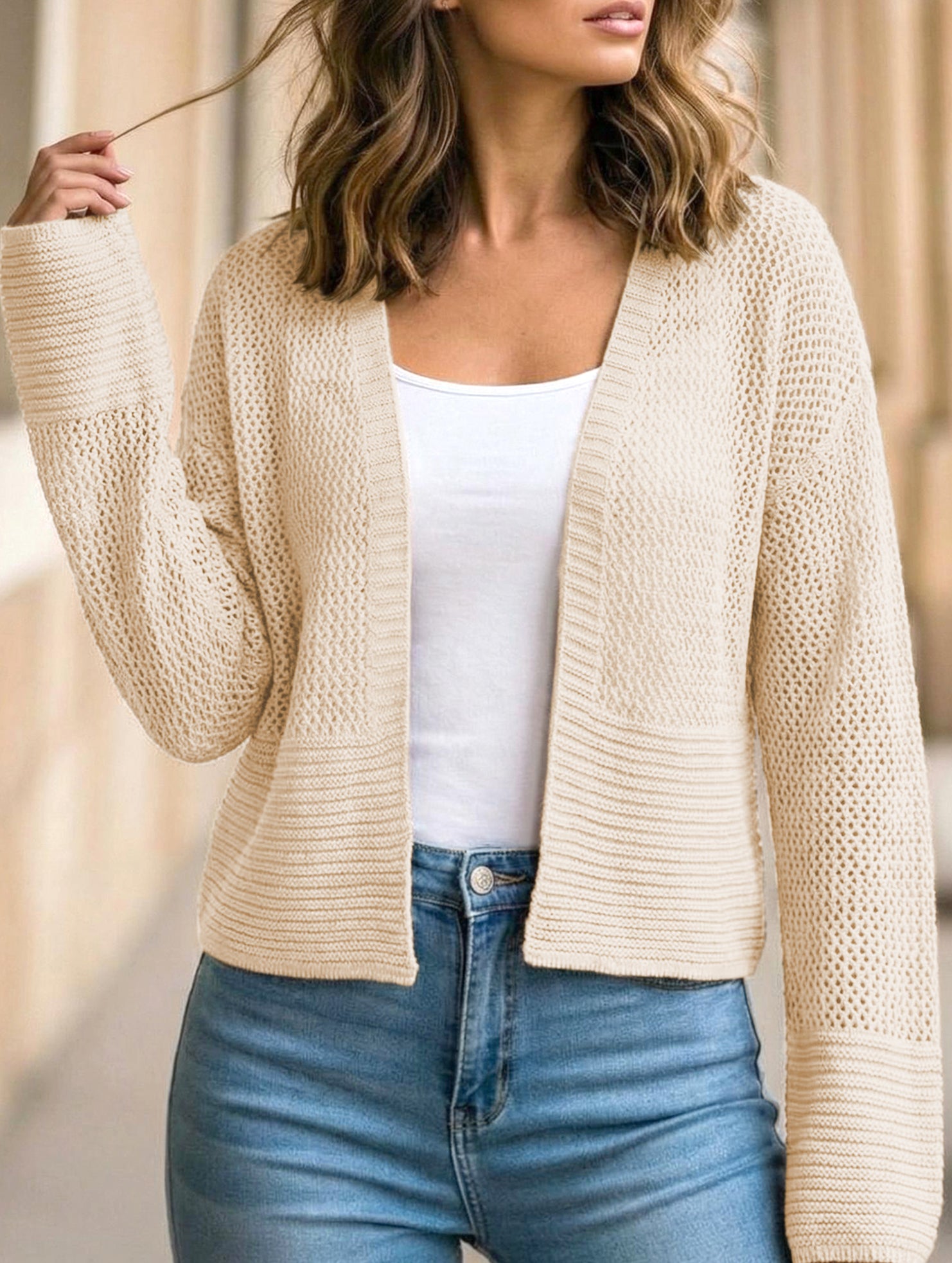 Hollow Knit Long Sleeve Cardigan Top