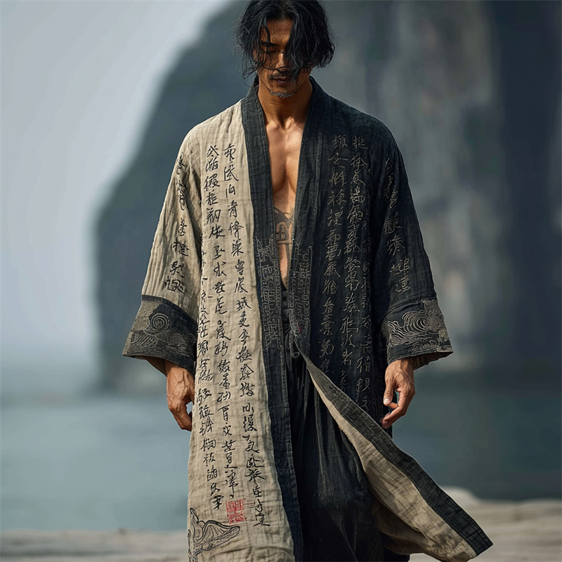 Men's Japanese Calligraphy Art Contrast Long Linen Kimono